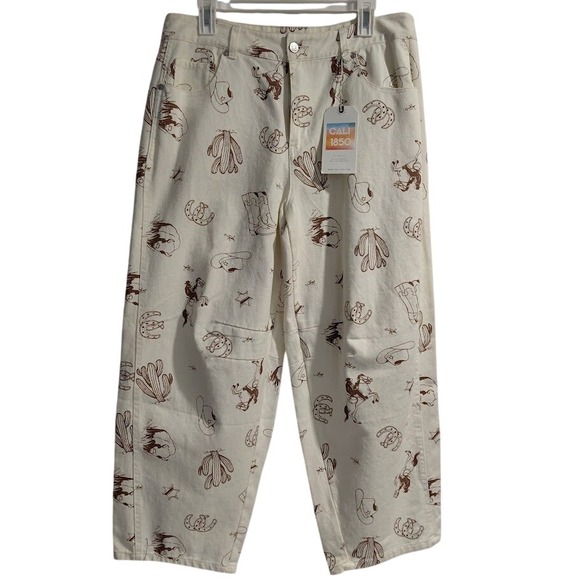 Cali 1850 Denim - Cali 1850 Womens Western Print Barrel Jeans Cream Brown Size 13 NWT High Rise